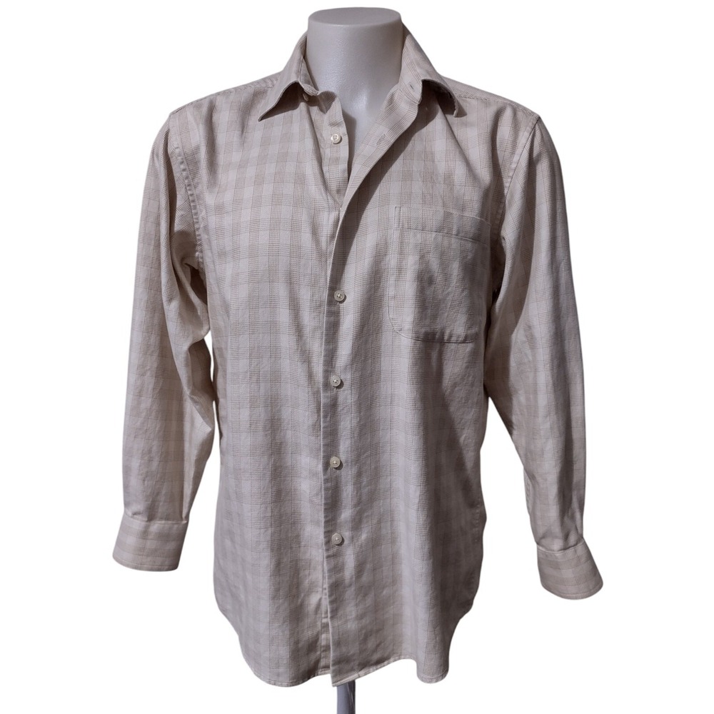 Talbots Dress Shirt Mens Size M Button Down Long Sleeve Collared Check Plaid Tan